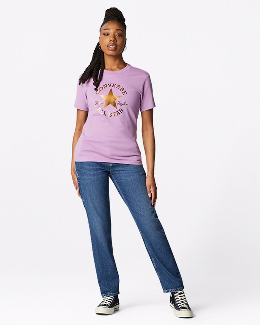 Women's Converse Metallic Chuck Taylor Patch Classic Fit T-Shirts Purple | AU 90381D